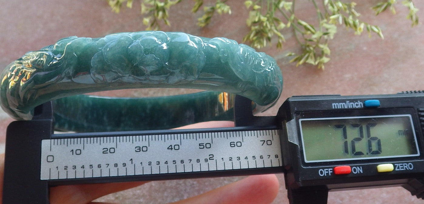 Certified Icy Green Burma 100% Natural A JADE Jadeite Phoenix Coin Flower Bangle Bracelet 73 mm 640383  TN