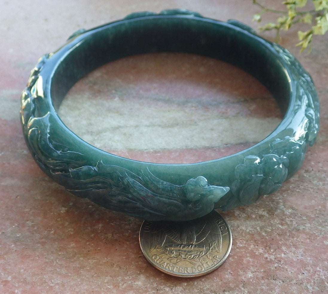 Certified Icy Green Burma 100% Natural A JADE Jadeite Phoenix Coin Flower Bangle Bracelet 73 mm 640383  TN