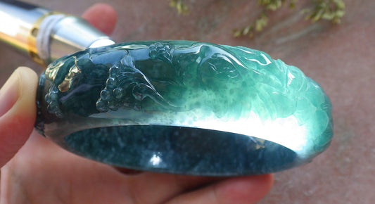 Certified Icy Green Burma 100% Natural A JADE Jadeite peacock Phoenix Flower Bangle Bracelet 65 mm 手镯 640394  TN