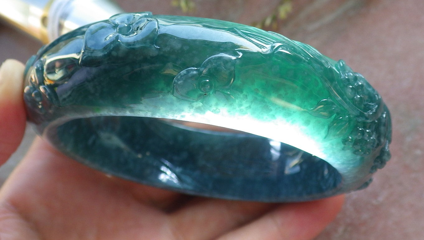 Certified Icy Green Burma 100% Natural A JADE Jadeite peacock Phoenix Flower Bangle Bracelet 65 mm 手镯 640394  TN
