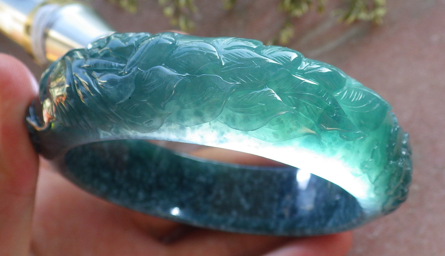 Certified Icy Green Burma 100% Natural A JADE Jadeite peacock Phoenix Flower Bangle Bracelet 65 mm 手镯 640394  TN