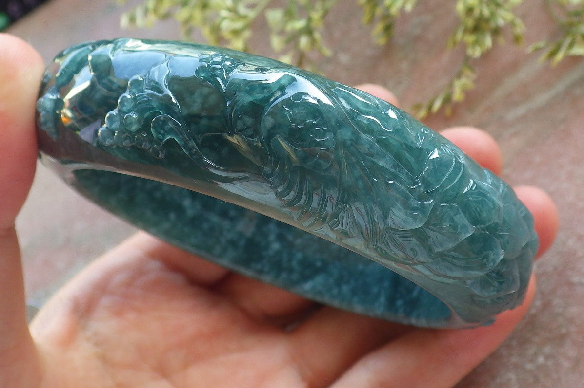 Certified Icy Green Burma 100% Natural A JADE Jadeite peacock Phoenix Flower Bangle Bracelet 65 mm 手镯 640394  TN