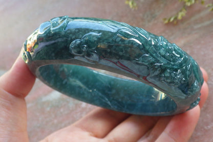 Certified Icy Green Burma 100% Natural A JADE Jadeite peacock Phoenix Flower Bangle Bracelet 65 mm 手镯 640394  TN
