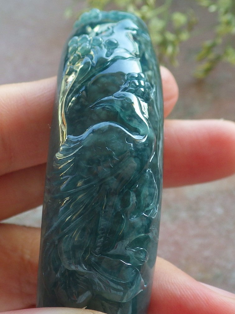 Certified Icy Green Burma 100% Natural A JADE Jadeite peacock Phoenix Flower Bangle Bracelet 65 mm 手镯 640394  TN