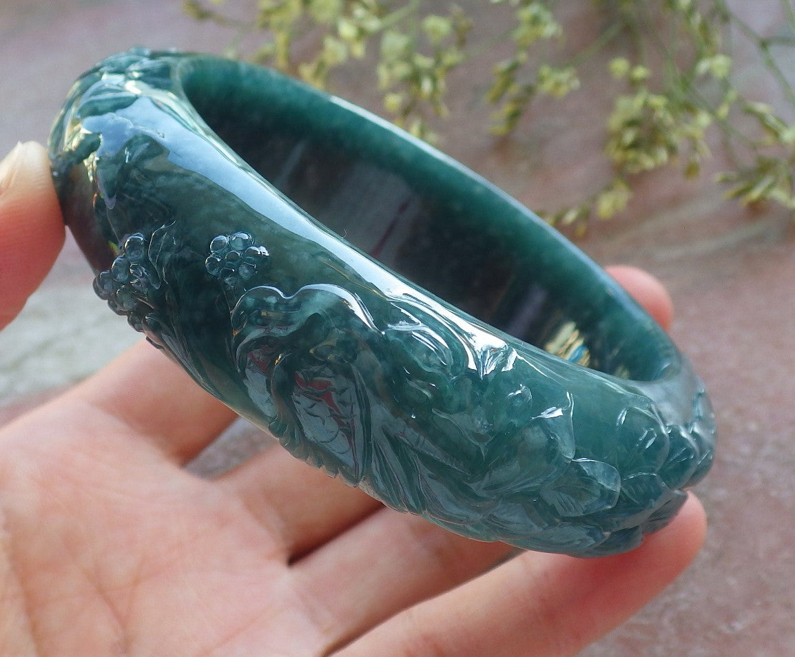 Certified Icy Green Burma 100% Natural A JADE Jadeite peacock Phoenix Flower Bangle Bracelet 65 mm 手镯 640394  TN
