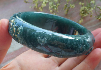 Certified Icy Green Burma 100% Natural A JADE Jadeite peacock Phoenix Flower Bangle Bracelet 65 mm 手镯 640394  TN