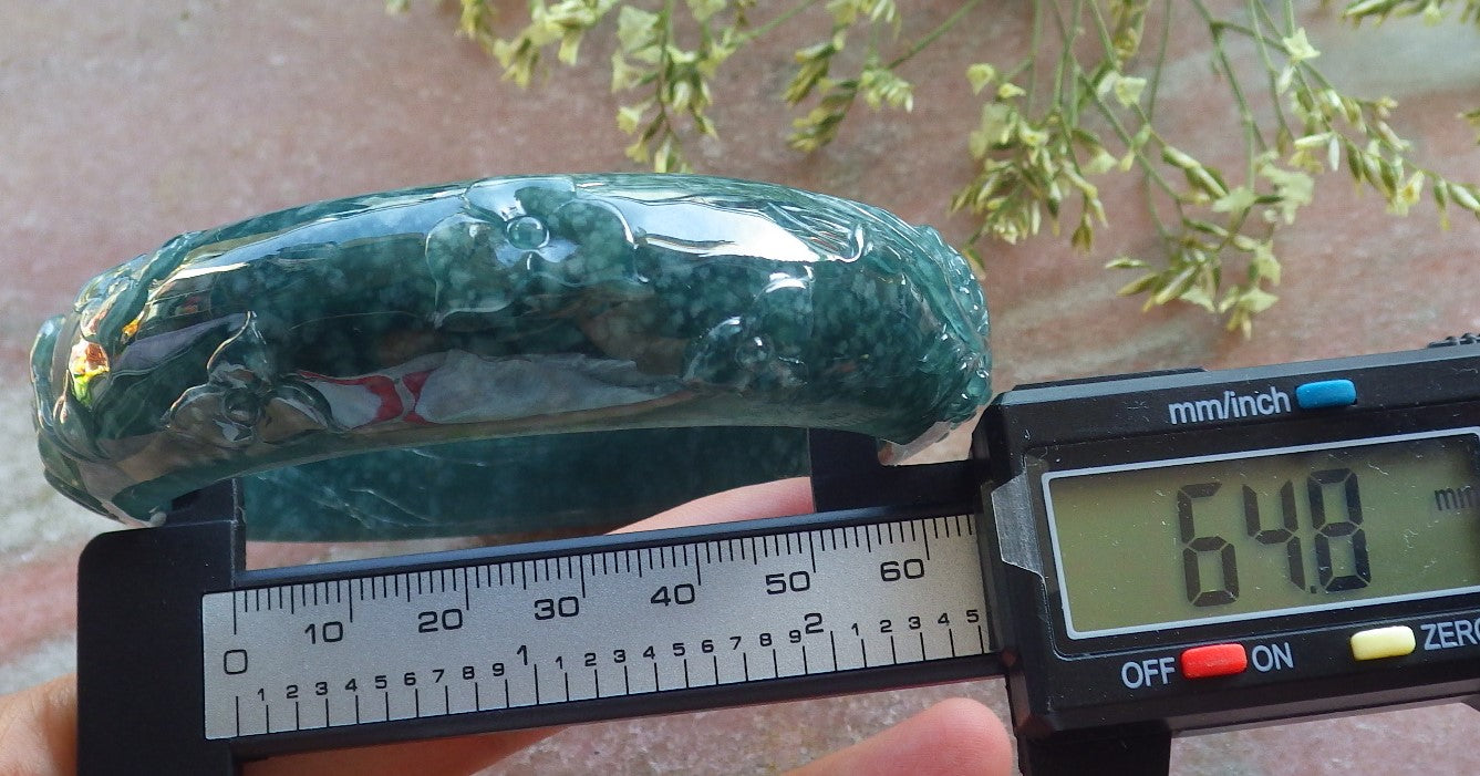 Certified Icy Green Burma 100% Natural A JADE Jadeite peacock Phoenix Flower Bangle Bracelet 65 mm 手镯 640394  TN