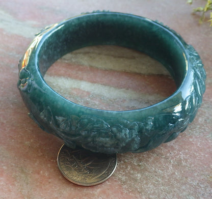 Certified Icy Green Burma 100% Natural A JADE Jadeite peacock Phoenix Flower Bangle Bracelet 65 mm 手镯 640394  TN