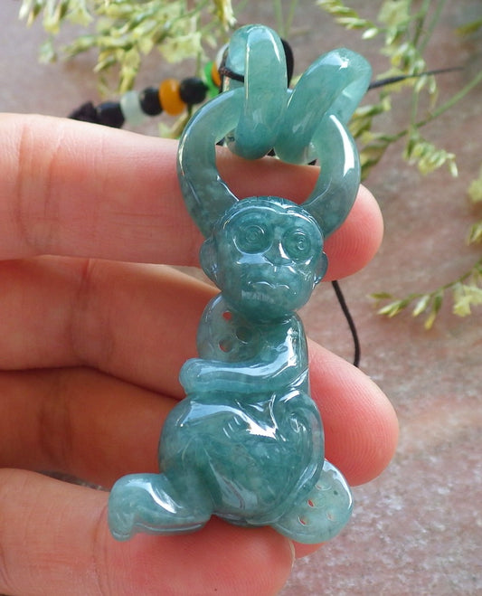 Certified Icy Green Burma 100% Natural A Jade jadeite Pendant Monkey Peach W Ring 猴子 640407  TN