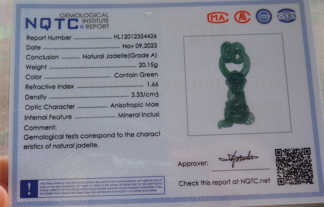 Certified Icy Green Burma 100% Natural A Jade jadeite Pendant Monkey Peach W Ring 猴子 640407  TN