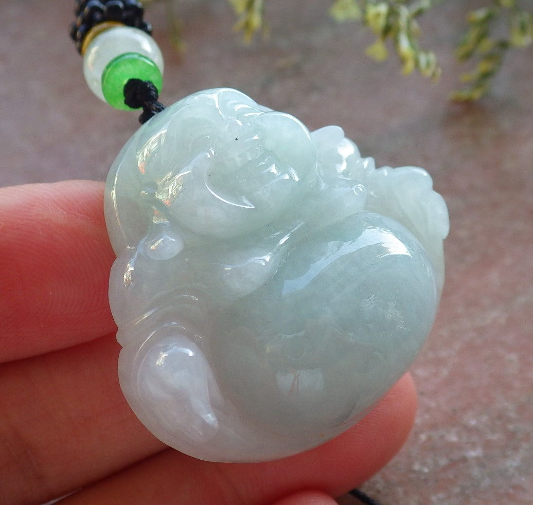 Certified Icy Green Burma 100% Natural A Jade jadeite pendant Happy Buddha God Necklace 开心佛 640415  TN