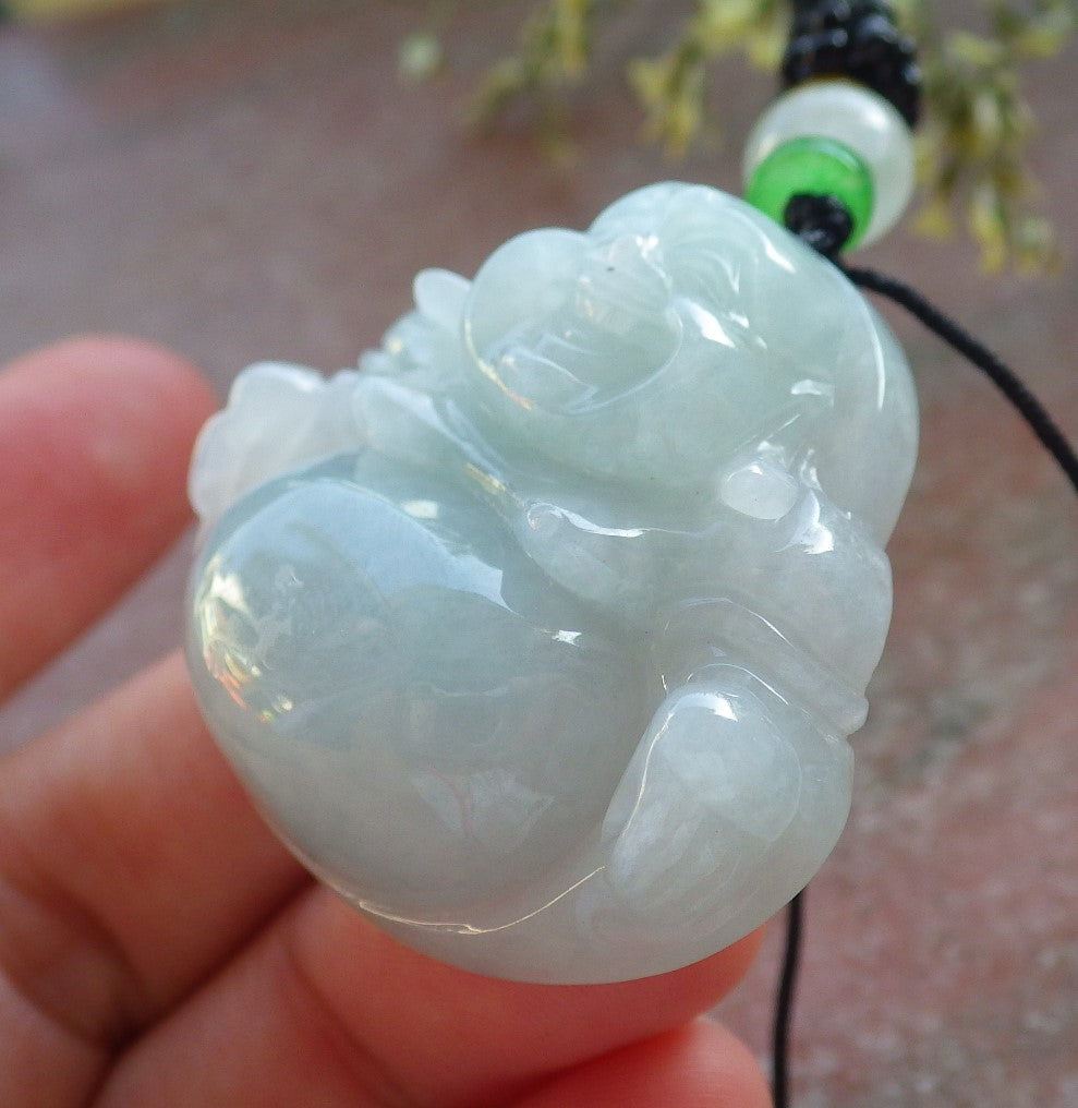 Certified Icy Green Burma 100% Natural A Jade jadeite pendant Happy Buddha God Necklace 开心佛 640415  TN