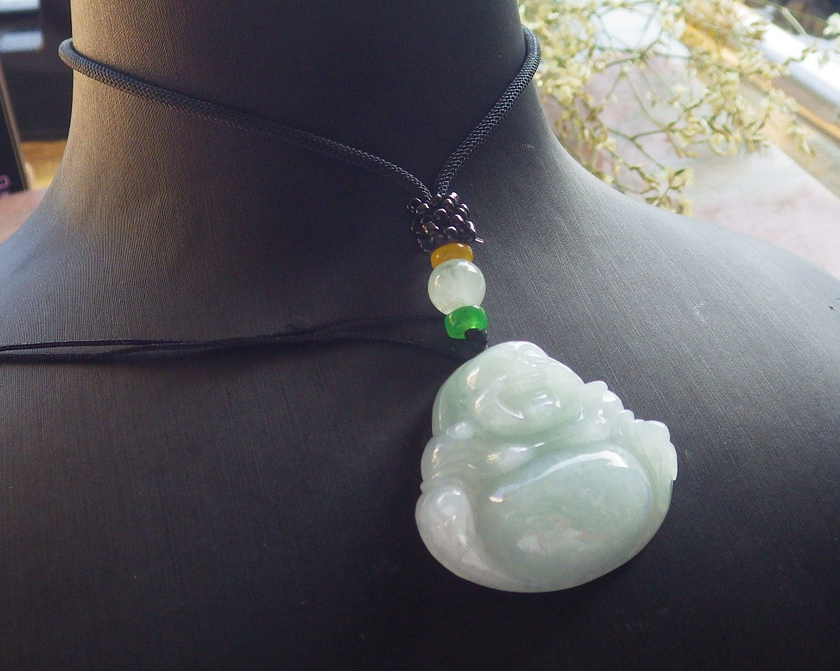 Certified Icy Green Burma 100% Natural A Jade jadeite pendant Happy Buddha God Necklace 开心佛 640415  TN