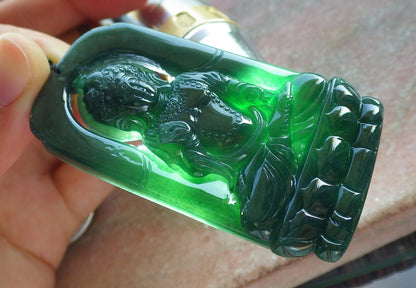 Certified Icy Green Burma 100% Natural A Jade jadeite Pendant Guanyin Kwan Yin Lotus Flower Necklace 观音 640431  TN