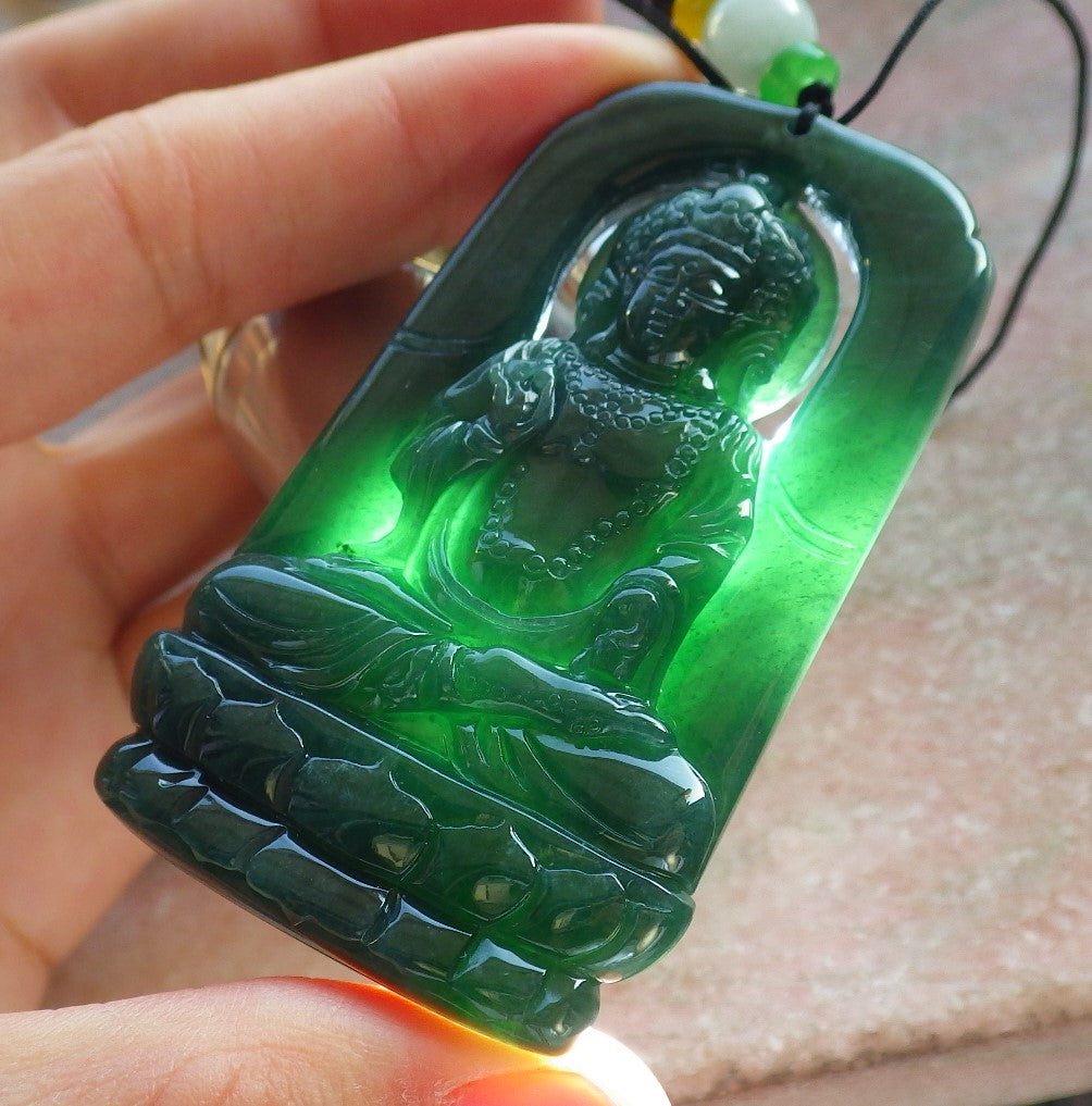 Certified Icy Green Burma 100% Natural A Jade jadeite Pendant Guanyin Kwan Yin Lotus Flower Necklace 观音 640431  TN