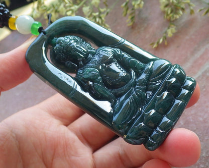 Certified Icy Green Burma 100% Natural A Jade jadeite Pendant Guanyin Kwan Yin Lotus Flower Necklace 观音 640431  TN