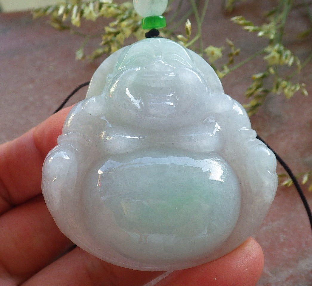 Certified Icy Green Pale Lavender Burma 100% Natural A Jade jadeite pendant Happy Buddha God Necklace 开心佛 640448  TN