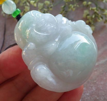 Certified Icy Green Pale Lavender Burma 100% Natural A Jade jadeite pendant Happy Buddha God Necklace 开心佛 640448  TN
