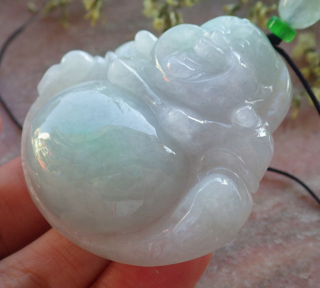 Certified Icy Green Pale Lavender Burma 100% Natural A Jade jadeite pendant Happy Buddha God Necklace 开心佛 640448  TN