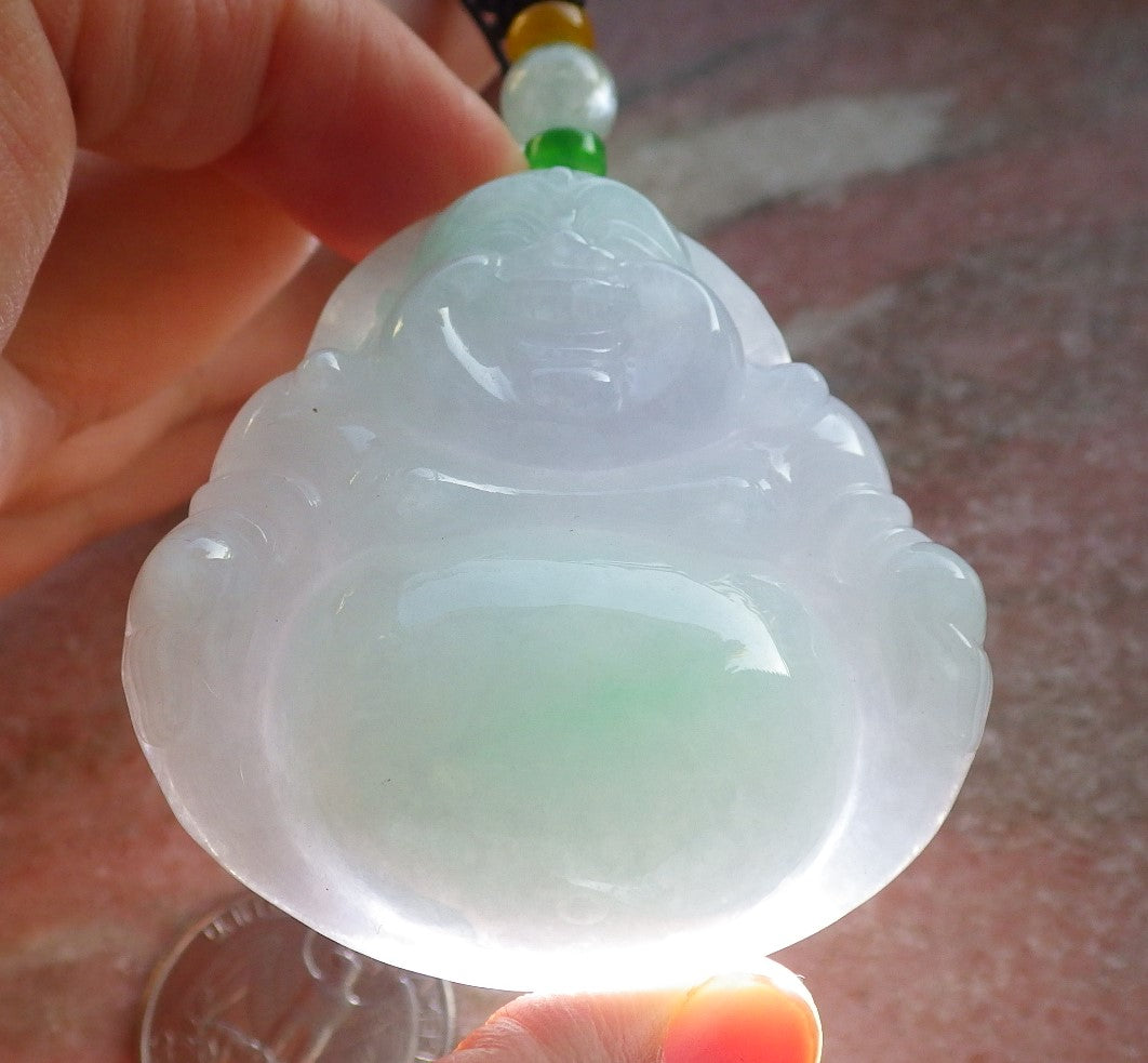 Certified Icy Green Pale Lavender Burma 100% Natural A Jade jadeite pendant Happy Buddha God Necklace 开心佛 640448  TN