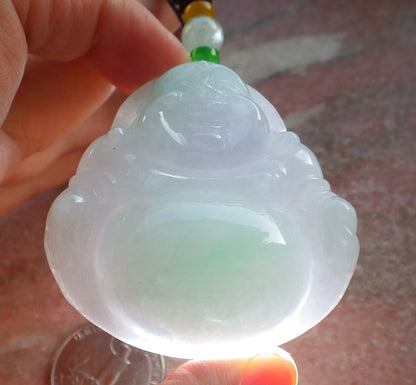 Certified Icy Green Pale Lavender Burma 100% Natural A Jade jadeite pendant Happy Buddha God Necklace 开心佛 640448  TN