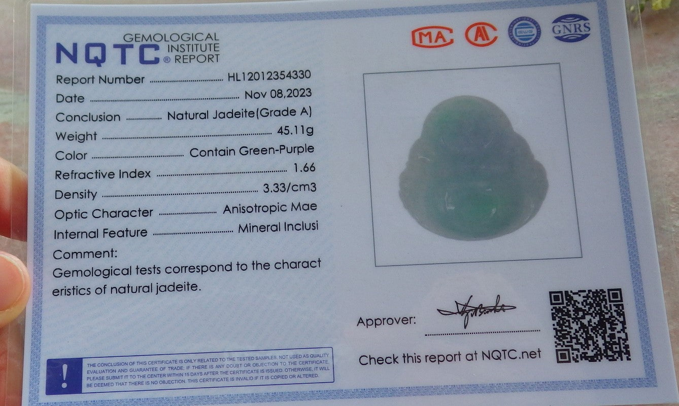 Certified Icy Green Pale Lavender Burma 100% Natural A Jade jadeite pendant Happy Buddha God Necklace 开心佛 640448  TN
