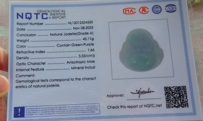 Certified Icy Green Pale Lavender Burma 100% Natural A Jade jadeite pendant Happy Buddha God Necklace 开心佛 640448  TN