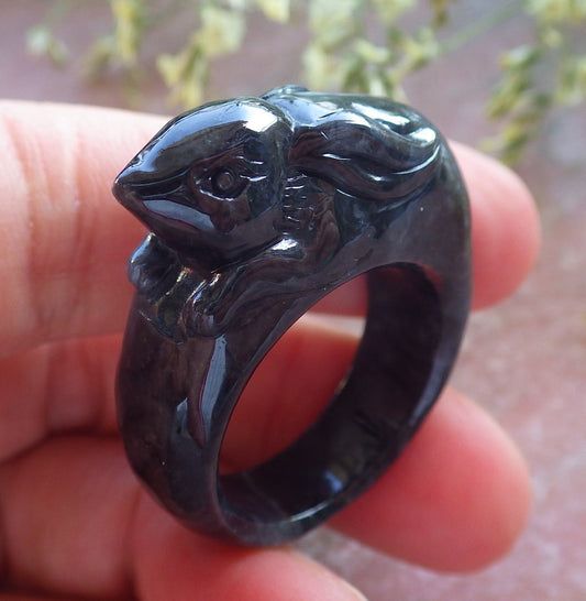 Certified Black Burma 100% Natural A JADE Jadeite Rabbit RING USA. 10.25 兔子戒指 640457  TN
