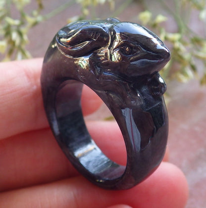 Certified Black Burma 100% Natural A JADE Jadeite Rabbit RING USA. 10.25 兔子戒指 640457  TN