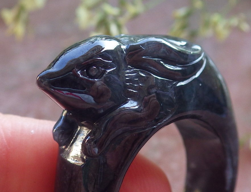 Certified Black Burma 100% Natural A JADE Jadeite Rabbit RING USA. 10.25 兔子戒指 640457  TN
