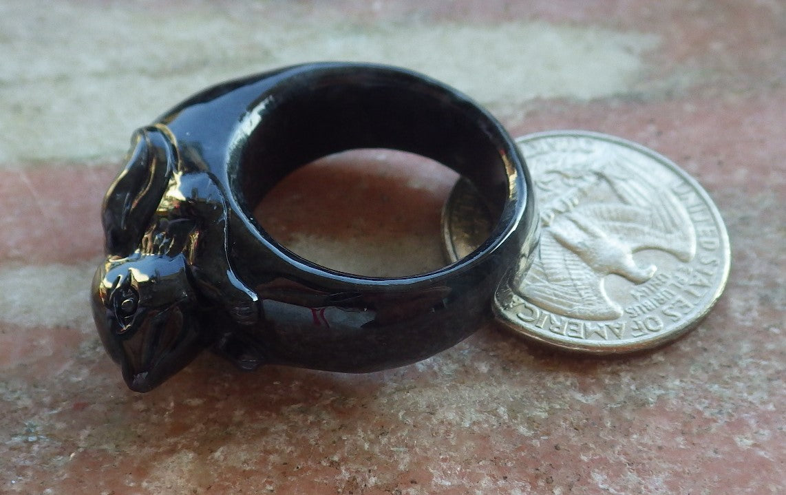 Certified Black Burma 100% Natural A JADE Jadeite Rabbit RING USA. 10.25 兔子戒指 640457  TN