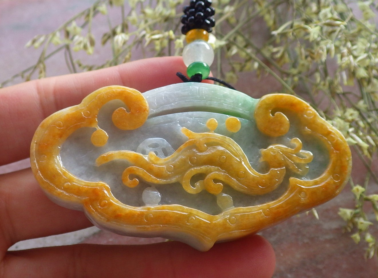 Certified Yellow Green Burma 100% Natural A Jade jadeite Pendant Dragon Flower Coin Ruyi Necklace 生意兴隆 640500  TN