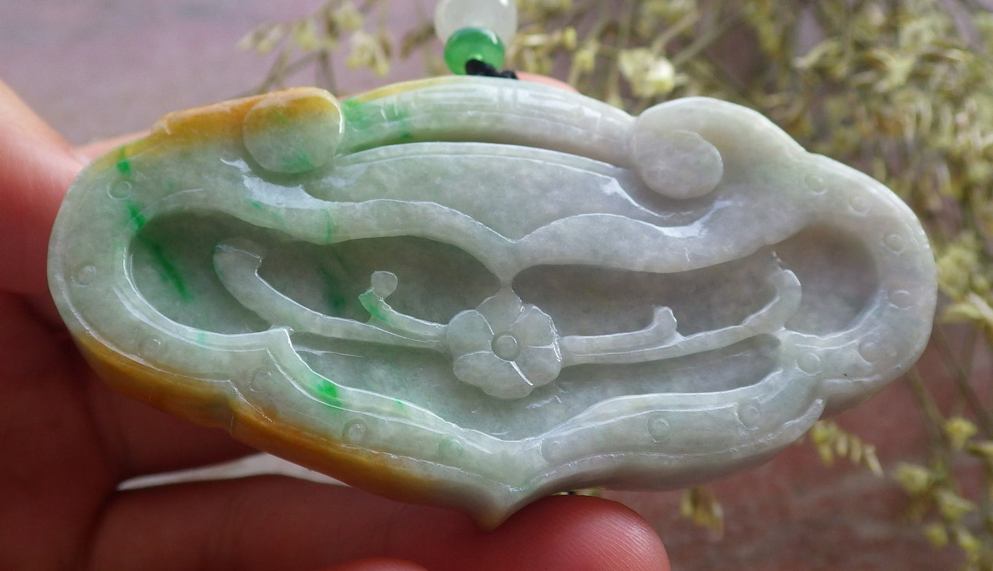 Certified Yellow Green Burma 100% Natural A Jade jadeite Pendant Dragon Flower Coin Ruyi Necklace 生意兴隆 640500  TN