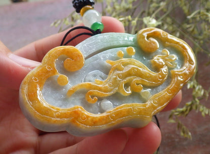 Certified Yellow Green Burma 100% Natural A Jade jadeite Pendant Dragon Flower Coin Ruyi Necklace 生意兴隆 640500  TN