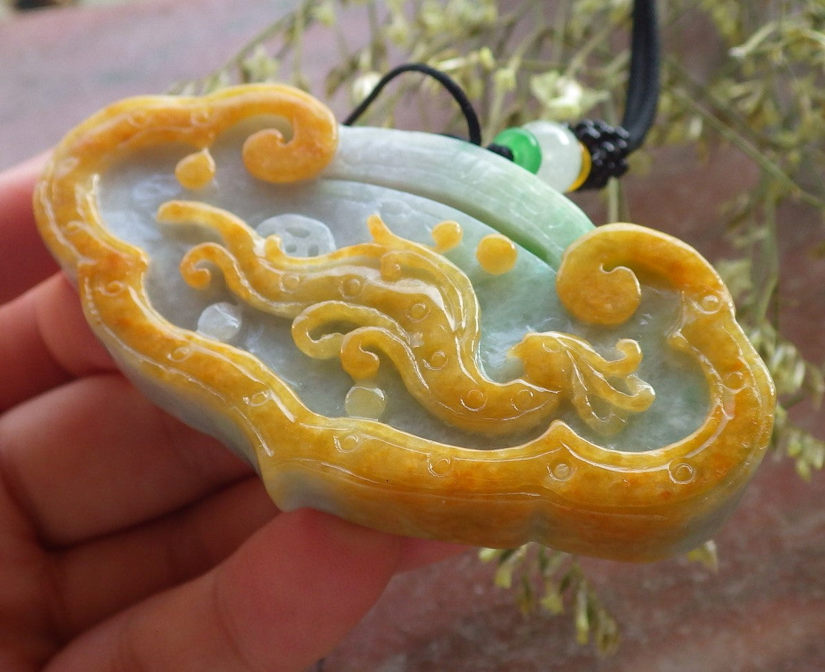 Certified Yellow Green Burma 100% Natural A Jade jadeite Pendant Dragon Flower Coin Ruyi Necklace 生意兴隆 640500  TN