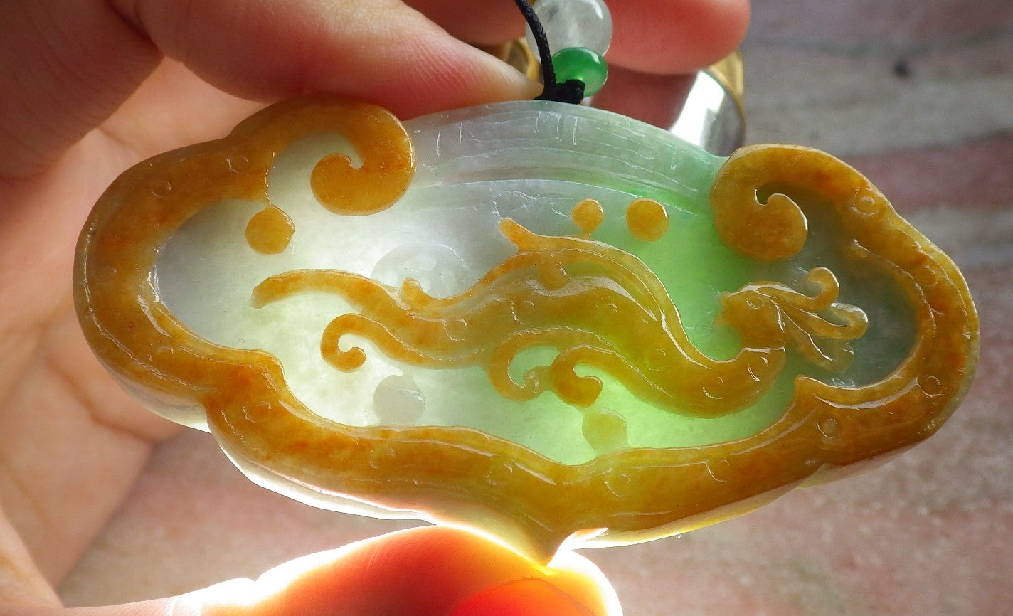 Certified Yellow Green Burma 100% Natural A Jade jadeite Pendant Dragon Flower Coin Ruyi Necklace 生意兴隆 640500  TN