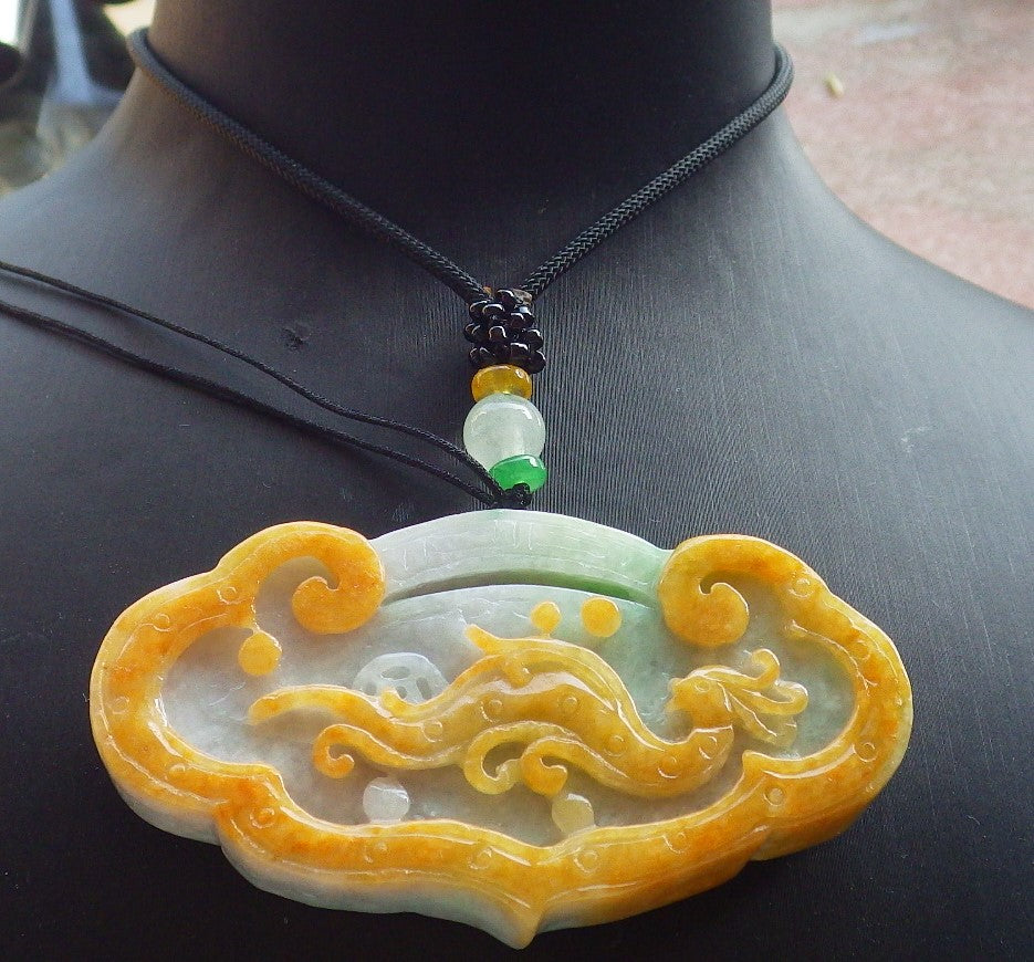 Certified Yellow Green Burma 100% Natural A Jade jadeite Pendant Dragon Flower Coin Ruyi Necklace 生意兴隆 640500  TN