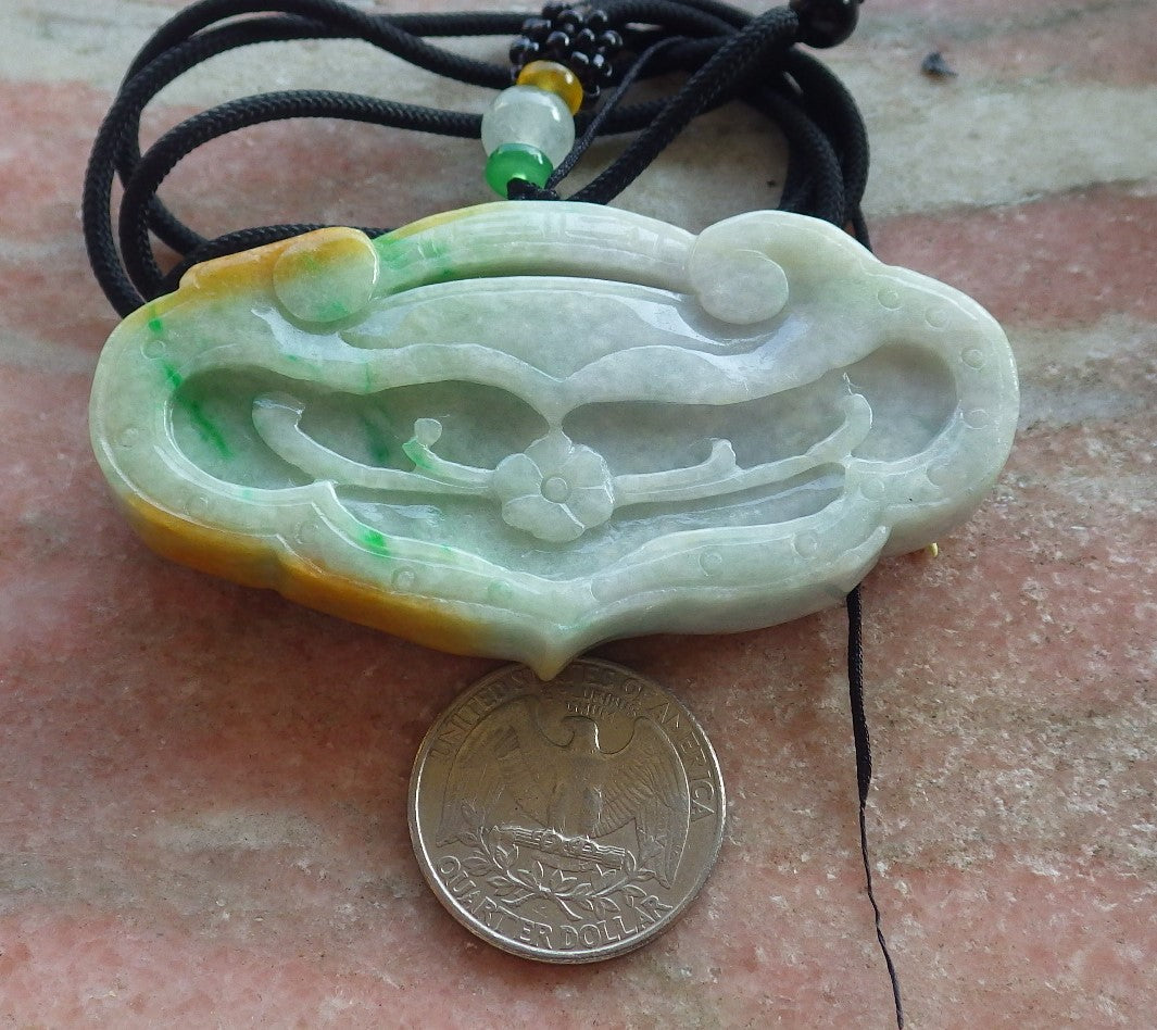 Certified Yellow Green Burma 100% Natural A Jade jadeite Pendant Dragon Flower Coin Ruyi Necklace 生意兴隆 640500  TN