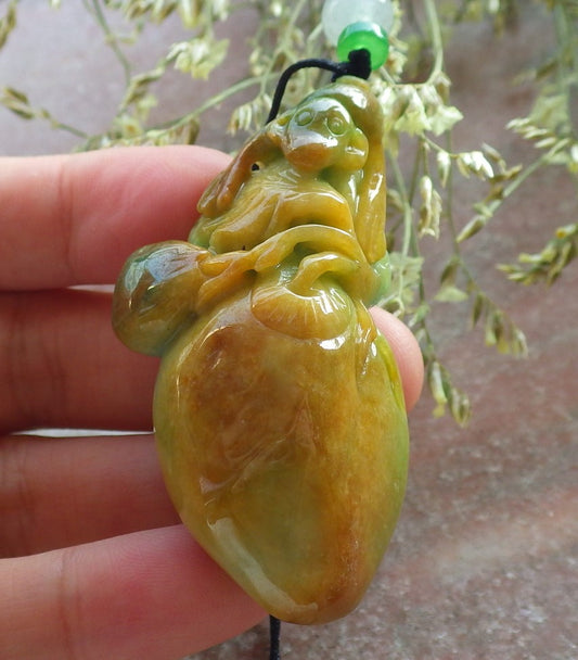 Certified Green Yellow Burma 100% Natural A Jade jadeite Pendant Monkey Peach Leaf Necklace 猴子 640508  TN
