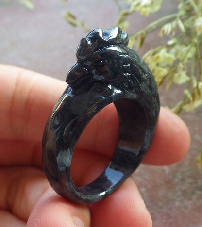 Certified Black Burma 100% Natural A JADE Jadeite Rooster RING USA. 11.25 戒指 640601  TN