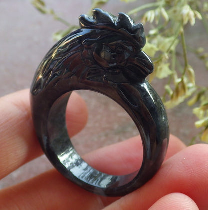 Certified Black Burma 100% Natural A JADE Jadeite Rooster RING USA. 11.25 戒指 640601  TN