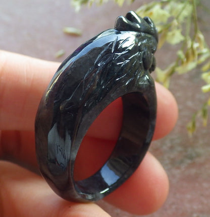 Certified Black Burma 100% Natural A JADE Jadeite Rooster RING USA. 11.25 戒指 640601  TN