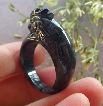 Certified Black Burma 100% Natural A JADE Jadeite Rooster RING USA. 11.25 戒指 640601  TN