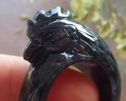 Certified Black Burma 100% Natural A JADE Jadeite Rooster RING USA. 11.25 戒指 640601  TN