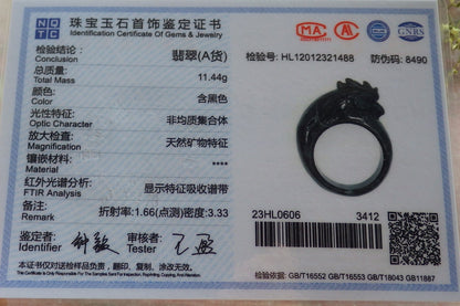 Certified Black Burma 100% Natural A JADE Jadeite Rooster RING USA. 11.25 戒指 640601  TN