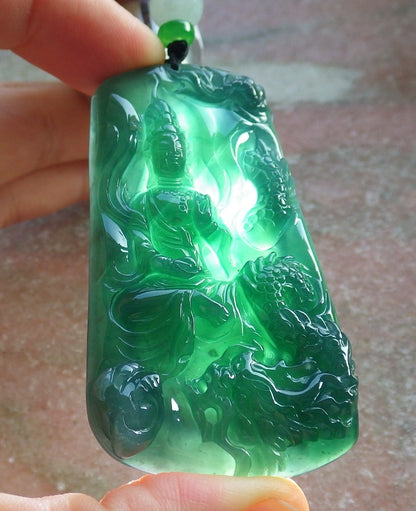 Certified Icy Green Burma 100% Natural A Jade jadeite Pendant Guanyin Kwan Yin Dragon Bead Necklace 观音 640611  TN