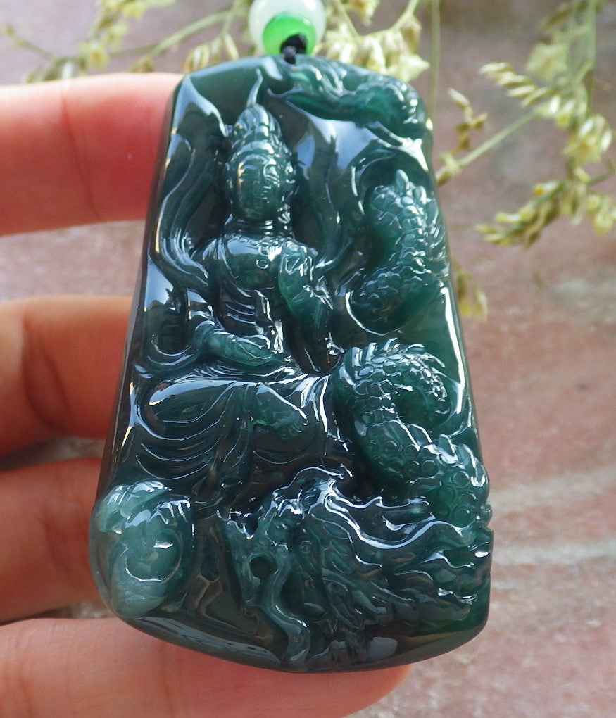 Certified Icy Green Burma 100% Natural A Jade jadeite Pendant Guanyin Kwan Yin Dragon Bead Necklace 观音 640611  TN