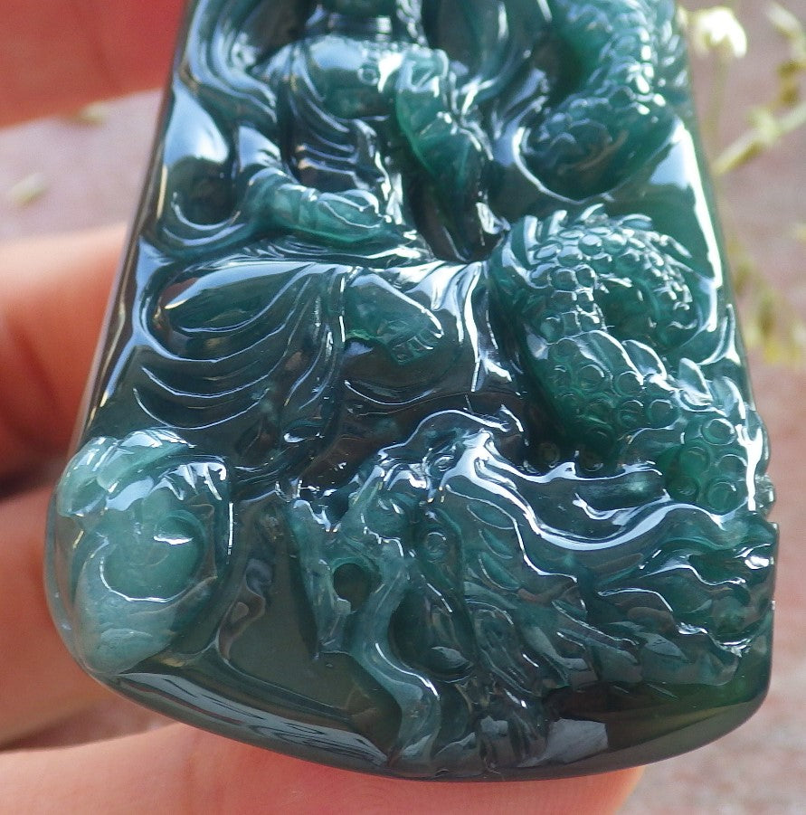 Certified Icy Green Burma 100% Natural A Jade jadeite Pendant Guanyin Kwan Yin Dragon Bead Necklace 观音 640611  TN