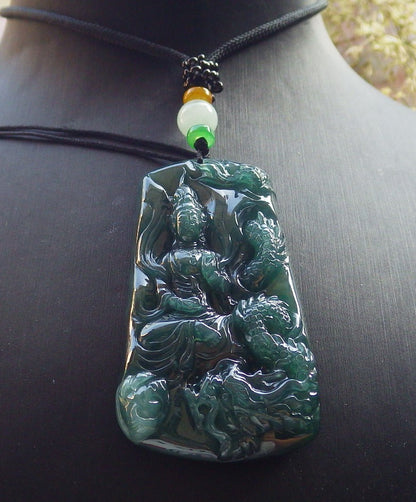 Certified Icy Green Burma 100% Natural A Jade jadeite Pendant Guanyin Kwan Yin Dragon Bead Necklace 观音 640611  TN