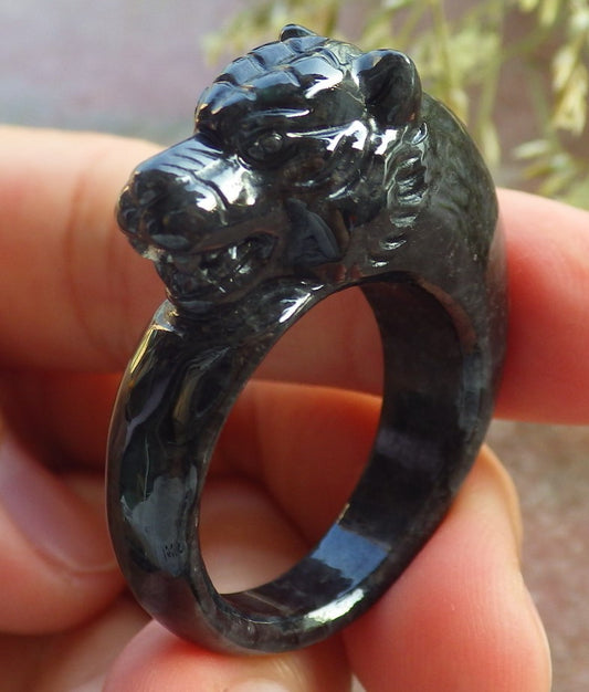 Certified Black Burma 100% Natural A JADE Jadeite Tiger RING USA. 11.5 老虎戒指 640684  TN